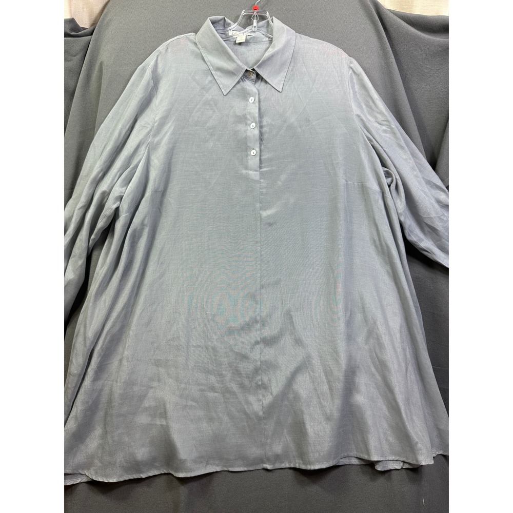 ColdWater Creek Women Gray Roll Tab Sleev Button Front Tunic Top Flowy Blouse 2X